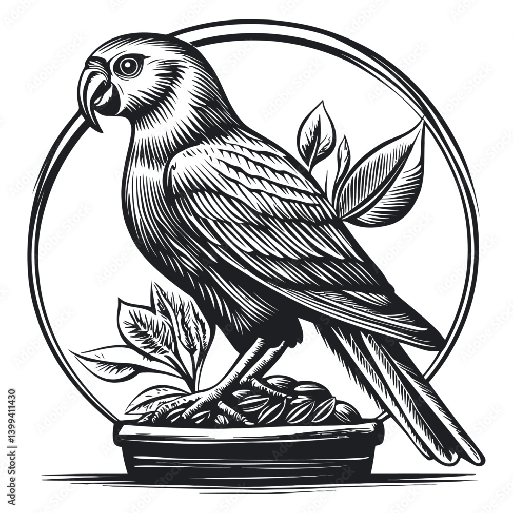 Naklejka premium Detailed Illustration of a Parrot Sitting on a Decorative Base