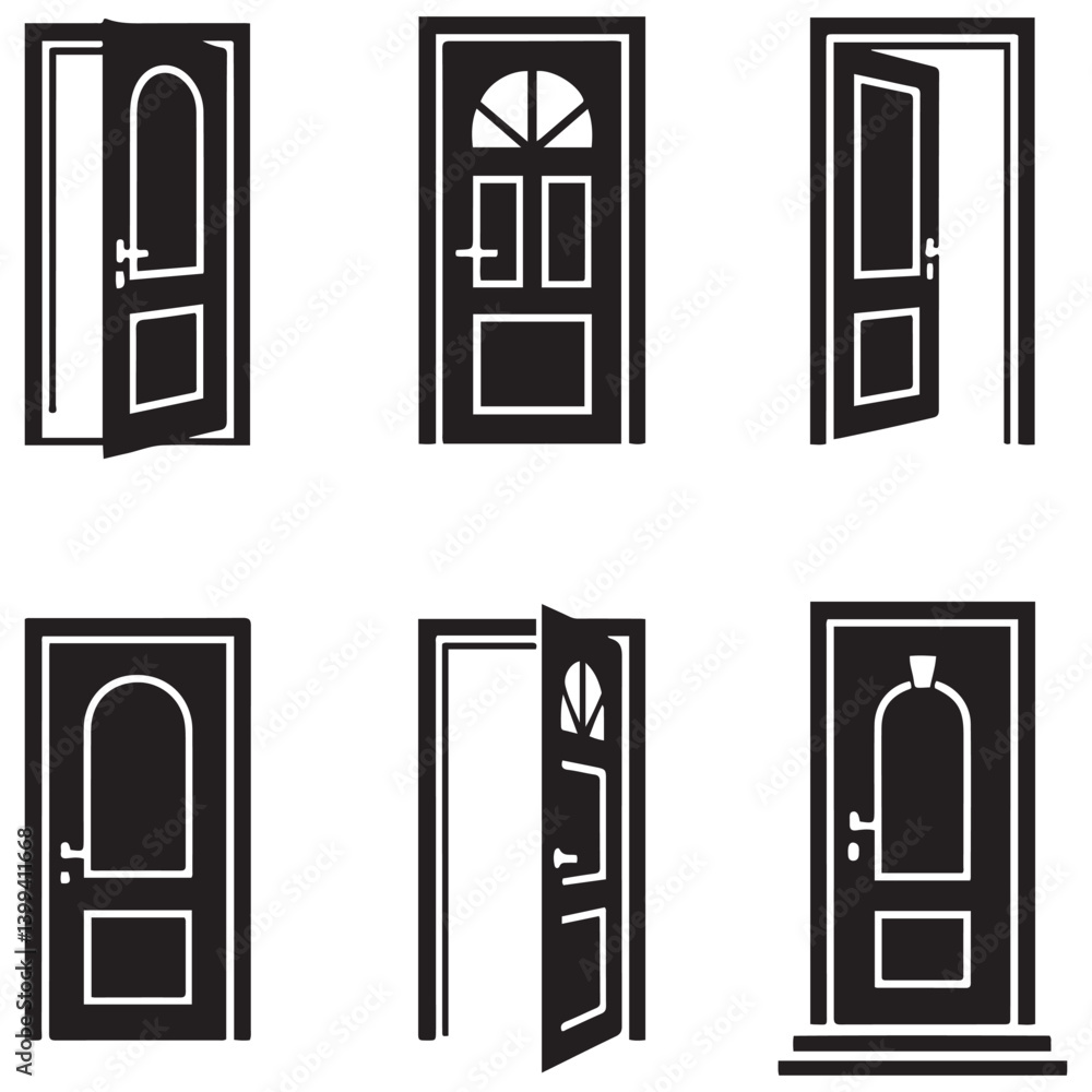 Door icons set. Open, close, and ajar door. Doors collection. Opened entrance door set flat style stock Vector Black silhouettes. with white background Door icons set. Open, close, and ajar door. Doors collection. Opened entrance door set flat style stock Vector Black silhouettes. with white background