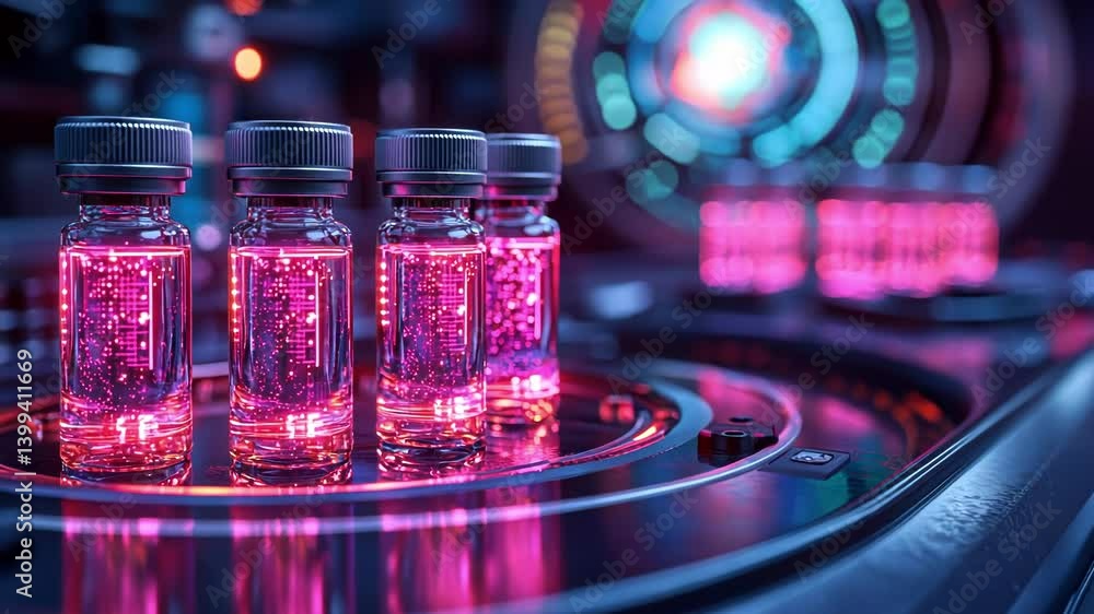 Futuristic vials glowing with pink liquid in a high-tech lab setting. Futuristic vials glowing with pink liquid in a high-tech lab setting.