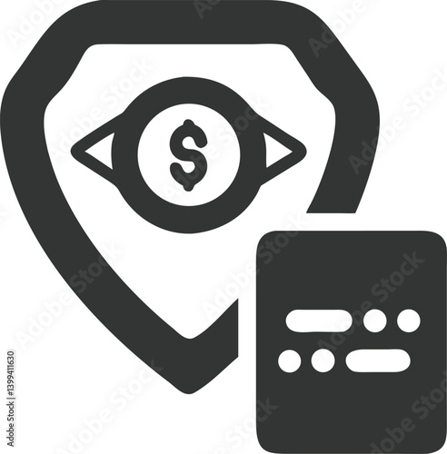 Dark Grey Shield with Dollar Sign, Eyes, and Message Box on Transparent Background