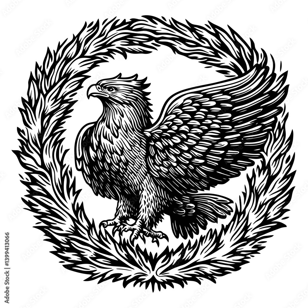Fototapeta premium Majestic Eagle in Ornate Surrounding with Detailed Line Art Style