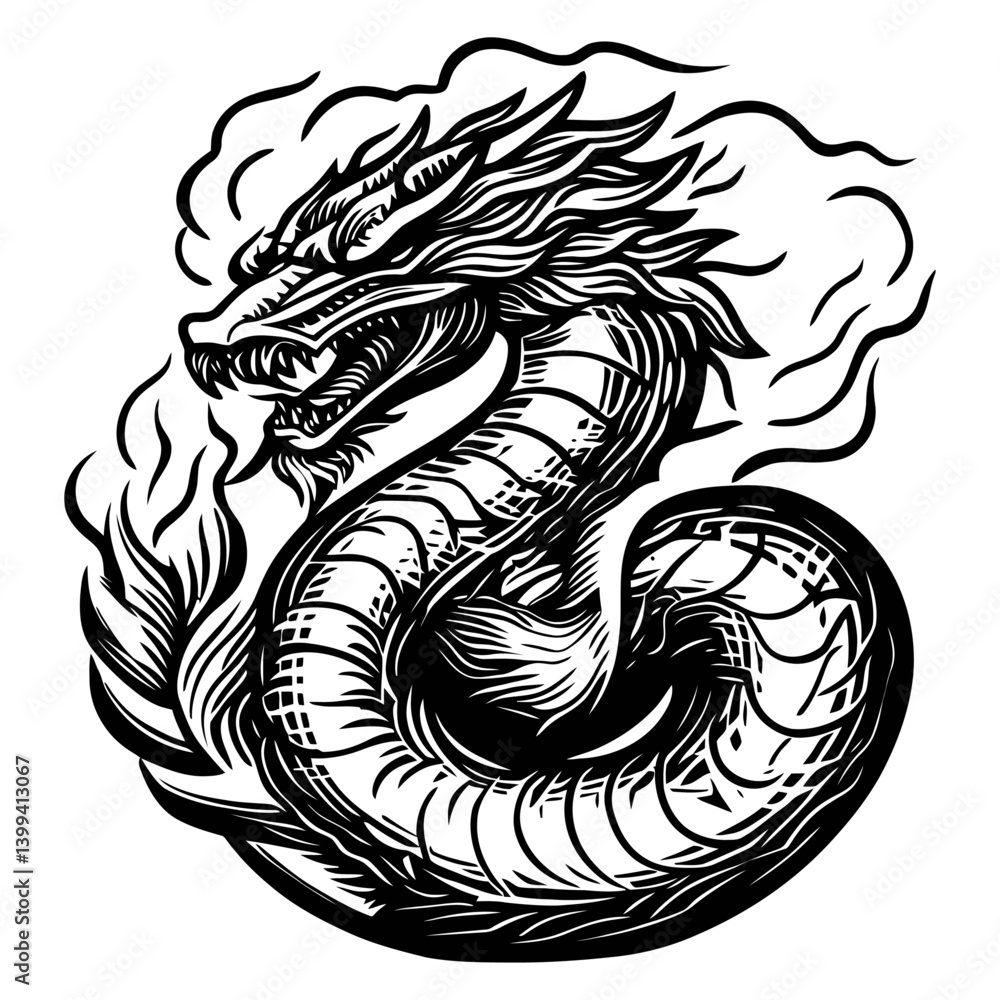 Obraz premium Intricate Dragon Design Featuring Flames and Spiraling Motion