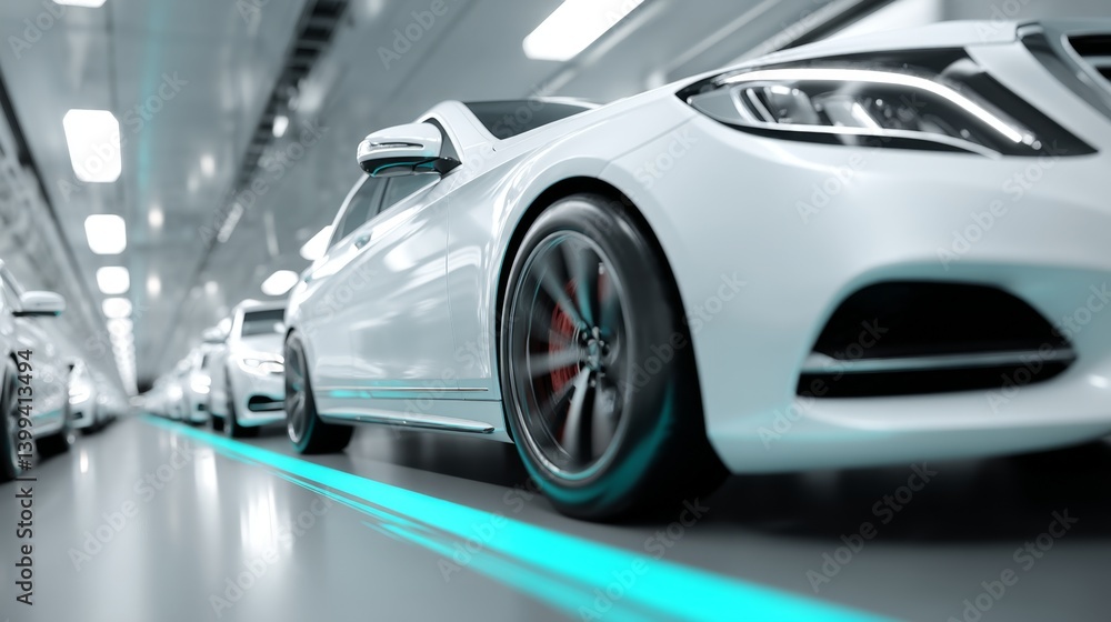 Sleek White Car in Modern Indoor Parking Space with LED Lighting Sleek White Car in Modern Indoor Parking Space with LED Lighting