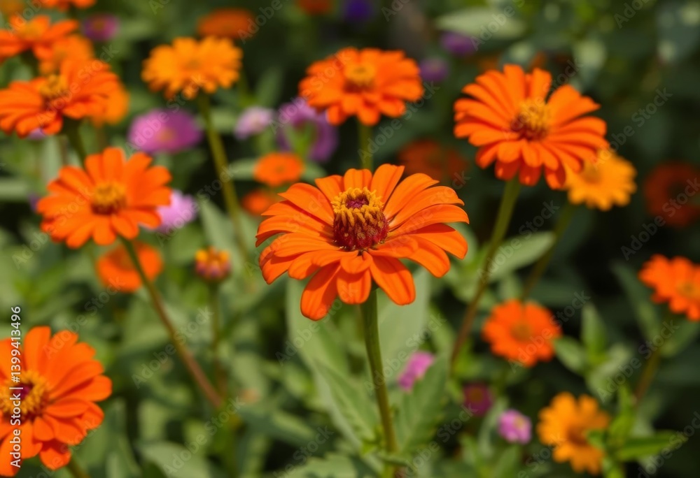 Vibrant orange zinnia, petals unfurling in lush garden, close-up, summer bloom Vibrant orange zinnia, petals unfurling in lush garden, close-up, summer bloom