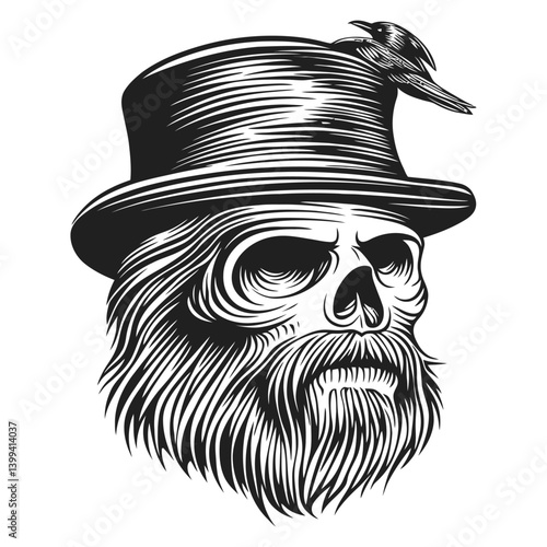 Vintage Skull Design with Top Hat and Crow - Engraved Art Style