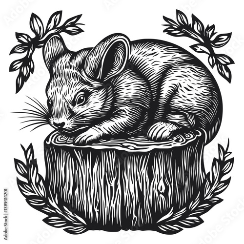 Detailed Illustration of a Cute Mouse Sitting on a Tree Stump
