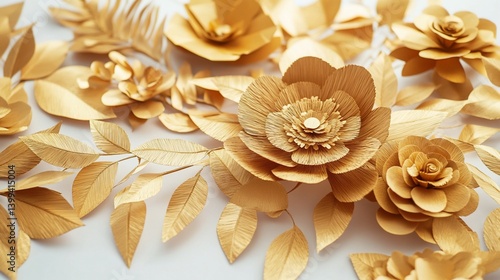 Gold paper flowers arrangement on white background