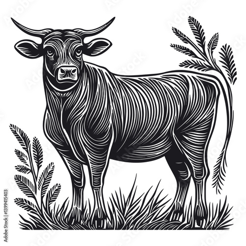 Detailed Black and White Illustration of a Standing Cow