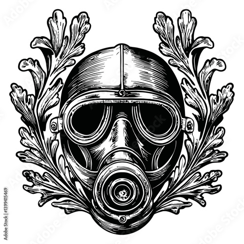 Vintage Style Gas Mask Illustration Surrounded by Decorative Foliage