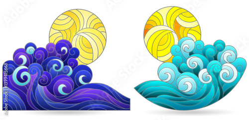 A set of illustrations in the style of stained glass with seascapes, isolated on a white background