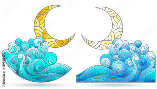 A set of illustrations in the style of stained glass with seascapes, isolated on a white background