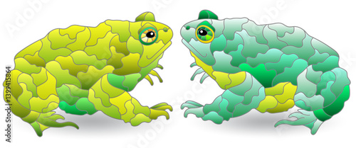 A set of illustrations in the style of stained glass with toads , animals isolated on a white background
