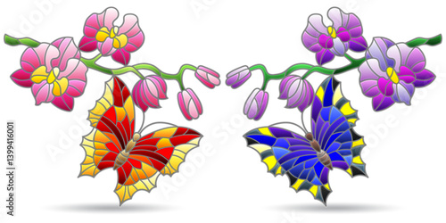 A set of contour illustrations in the style of stained glass with butterflies and orchid flowers, animals isolated on a white background