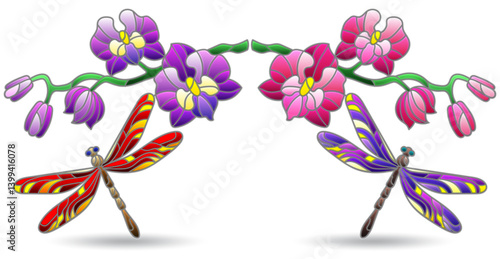 A set of contour illustrations in the style of stained glass with dragonflies and orchid flowers, animals isolated on a white background