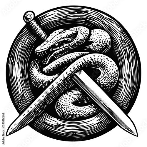 Intricate Black and White Design of Snake and Sword Emblem