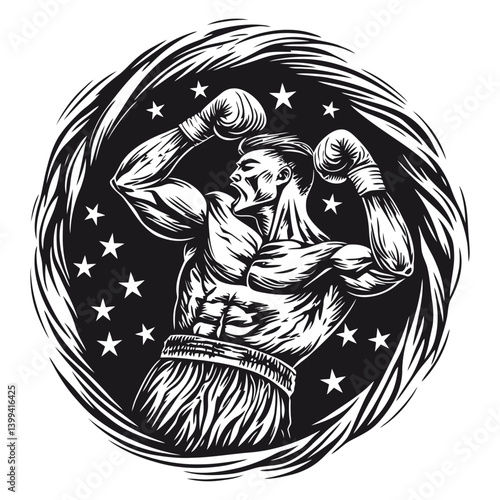 Powerful Boxer Celebrating Victory with Raised Fists and Intensity