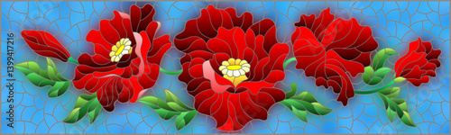 Illustration in the style of stained glass with a composition of red poppies on a blue background, horizontal orientation