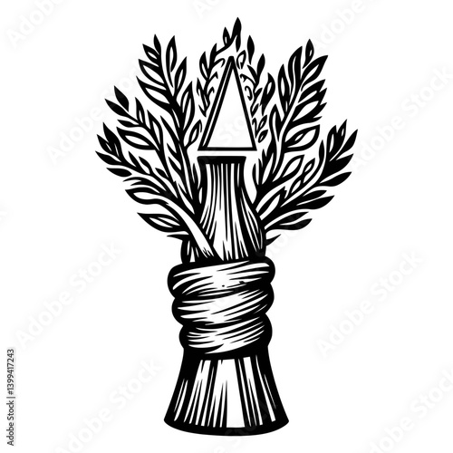 Decorative Illustration of a Bundle of Twigs and Leaves