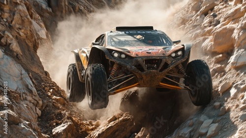 A rugged off-road rock car climbing a steep rocky terrain, with dust trailing behind