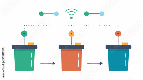 Connected Waste Bins Smart waste bins with sensors indicating fullness levels linked by dotted lines to a waste management center for efficient collection schedules.