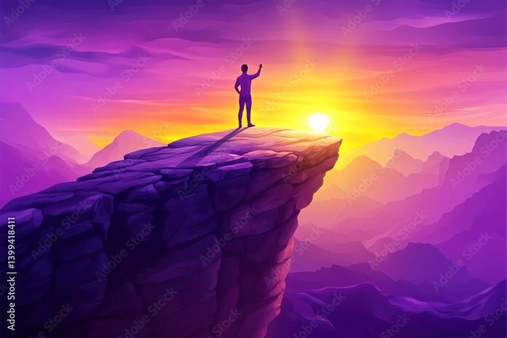 Obraz premium A silhouette of a person standing on a rocky precipice, gazing at a vibrant sunrise over mountain peaks, symbolizing achievement and inspiration.