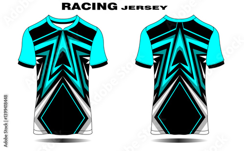 Dynamic racing jersey design featuring bold geometric patterns in vibrant turquoise and black
