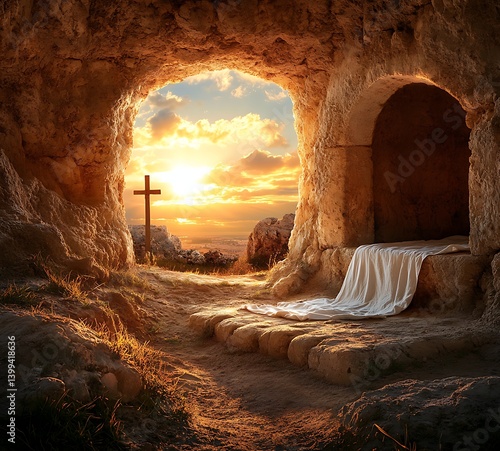 Wallpaper Mural A dramatic sunrise over the empty tomb of Jesus Christ, with an open stone door, a linen cloth lying inside, and a cross in the background, symbolizing death and rebirth Torontodigital.ca