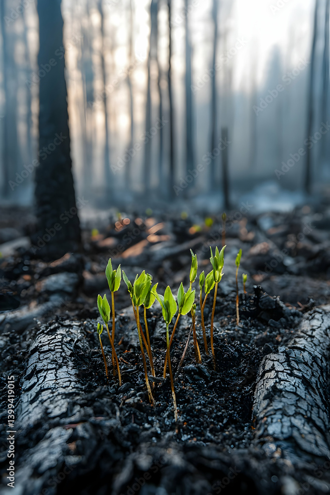 A striking post-fire forest scene with charred trees, ashes, extinct embers, and fresh green sprouts emerging, symbolizing resilience and renewal under a soft, glowing sunlight. A striking post-fire forest scene with charred trees, ashes, extinct embers, and fresh green sprouts emerging, symbolizing resilience and renewal under a soft, glowing sunlight.