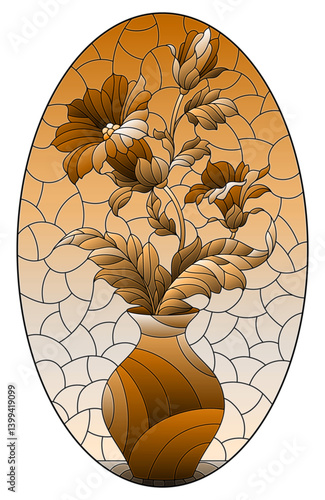 Illustration in the style of a stained glass window with a floral still life, a vase with  flowers, oval image ,tone brown