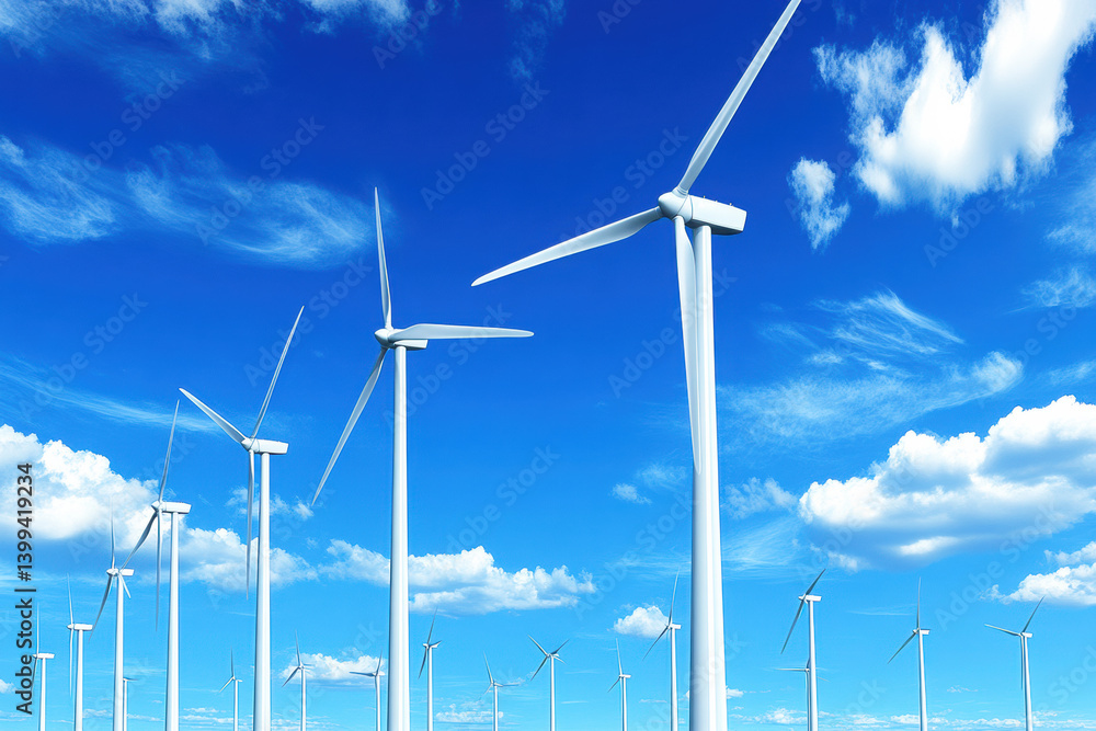 A clear sky filled with white clouds overlooks a row of tall wind turbines, symbolizing renewable energy and sustainability. A clear sky filled with white clouds overlooks a row of tall wind turbines, symbolizing renewable energy and sustainability.