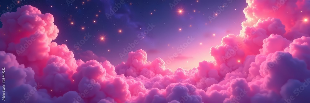 Fototapeta premium Vibrant pink clouds sprinkled with glowing stars on a magical background, mystical, sky