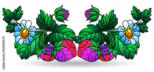 Stained glass illustration with composition of berries and strawberry leaves, isolated on a white background