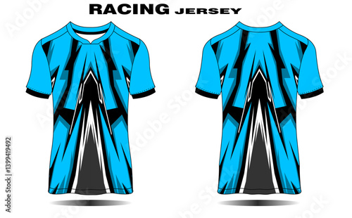 Vibrant Racing Jersey Design Featuring Bold Blue and Black Patterns for Athletic Wear Promotion