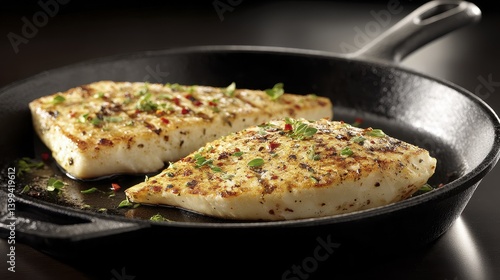 Pan-fried freshwater fish steaks sizzling on a cast iron skillet, herbs scattered around - golden meal overhead low texture