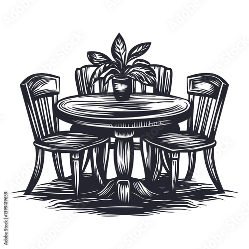 Cozy Dining Set with Round Table and Potted Plant in Black and White
