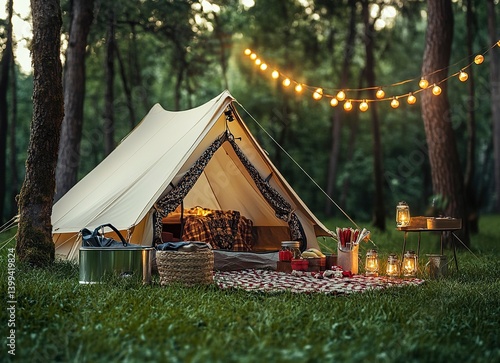 camping tent set up in the green grass, with outdoor cooking equipment and lights hanging on it. The background is a blurred forest scenery. It has an aesthetic appeal, a professional photography styl