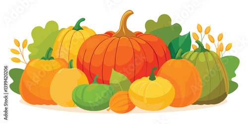 pumpkins and autumn harvest elements with colorful leaves scattered on the ground. Colorful Autumn Pumpkins with Fall Foliage Vector, Harvest Season Pumpkin and Leaves Illustration. 