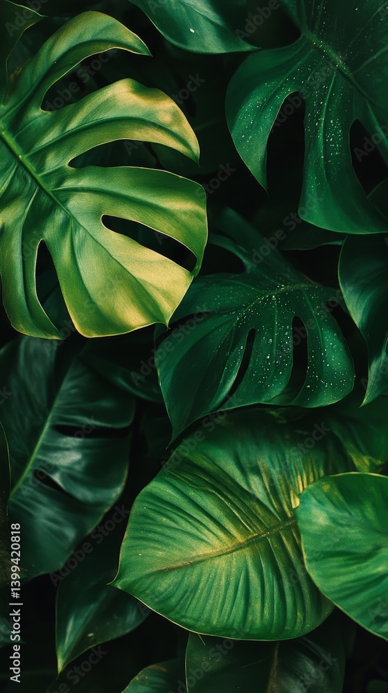 Fototapeta premium Green leaves with raindrops, abstract background with rainforest foliage texture.