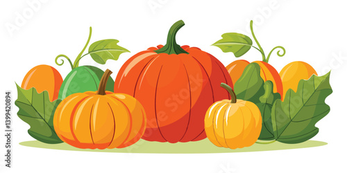 pumpkins and autumn harvest elements with colorful leaves scattered on the ground. Colorful Autumn Pumpkins with Fall Foliage Vector, Harvest Season Pumpkin and Leaves Illustration. 