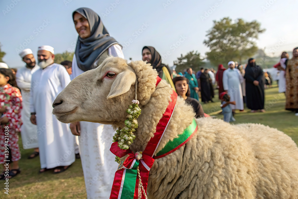 Obraz premium Sheep in front of mosque Eid ul adha islamic Eid ul Adha Mubarak background