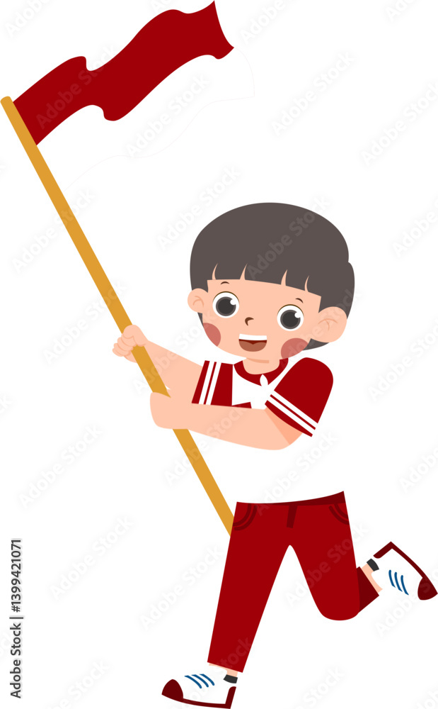 Joyful Boy Running with Red Flag, Cheerful Cartoon Illustration Joyful Boy Running with Red Flag, Cheerful Cartoon Illustration
