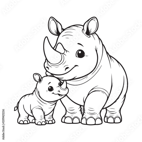 Line art of baby rhinoceros cuddles mother rhinoceros cartoon vector