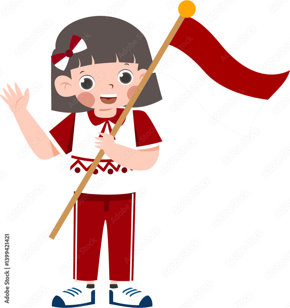 Cheerful Girl with Red Flag, Traditional Embroidered Shirt, Wave Cheerful Girl with Red Flag, Traditional Embroidered Shirt, Wave