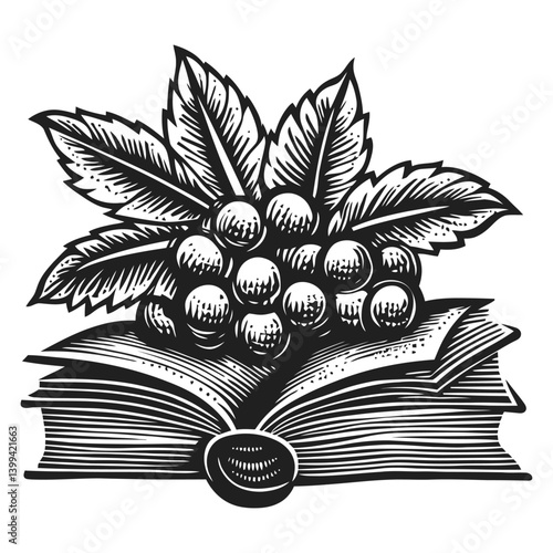 Vintage Illustration of Grapes and Leaves on Open Book Design