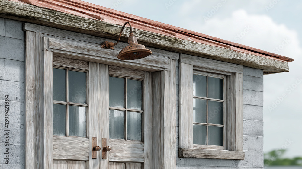 Naklejka premium Coastal Building facade: A weathered seaside building's inviting facade with vintage aesthetic. Weathered wooden architecture, sun-bleached wood siding.