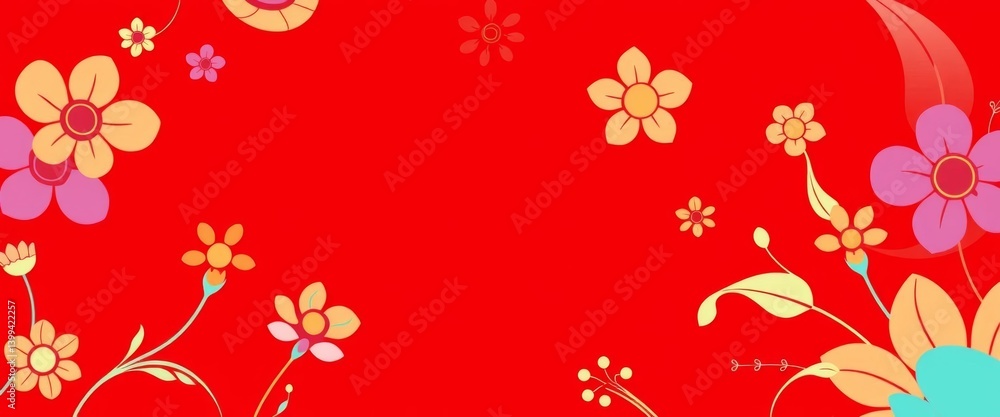 Vibrant red background with stylized floral blooms, abstract shapes, scarlet, bloom Vibrant red background with stylized floral blooms, abstract shapes, scarlet, bloom