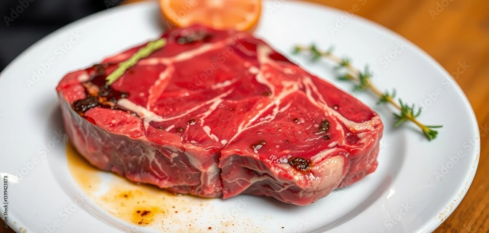 Vibrant red, marbled ribeye steak, ready for grilling, carnivore, delicious food Vibrant red, marbled ribeye steak, ready for grilling, carnivore, delicious food