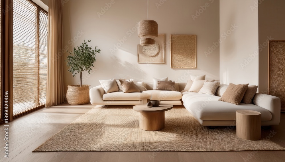 Minimalist lounge featuring neutral tones and soft, inviting textures Minimalist lounge featuring neutral tones and soft, inviting textures