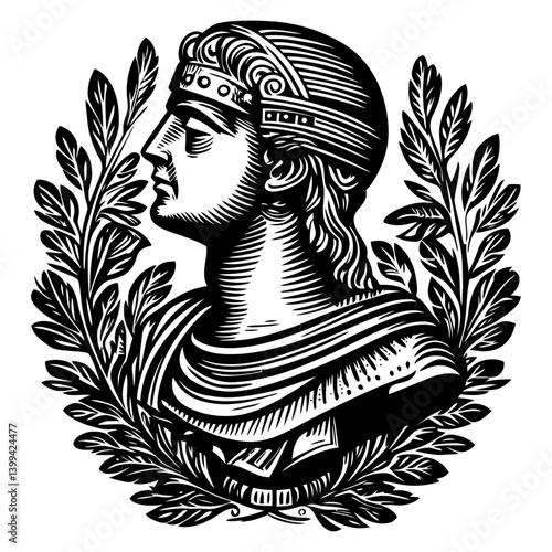 Classical Profile Portrait of a Roman Emperor Surrounded by Laurel Leaves