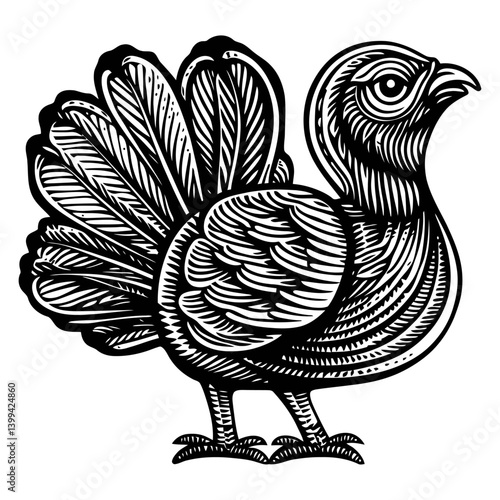 Detailed Vintage Illustration of a Bird with Fanned Tail Feathers